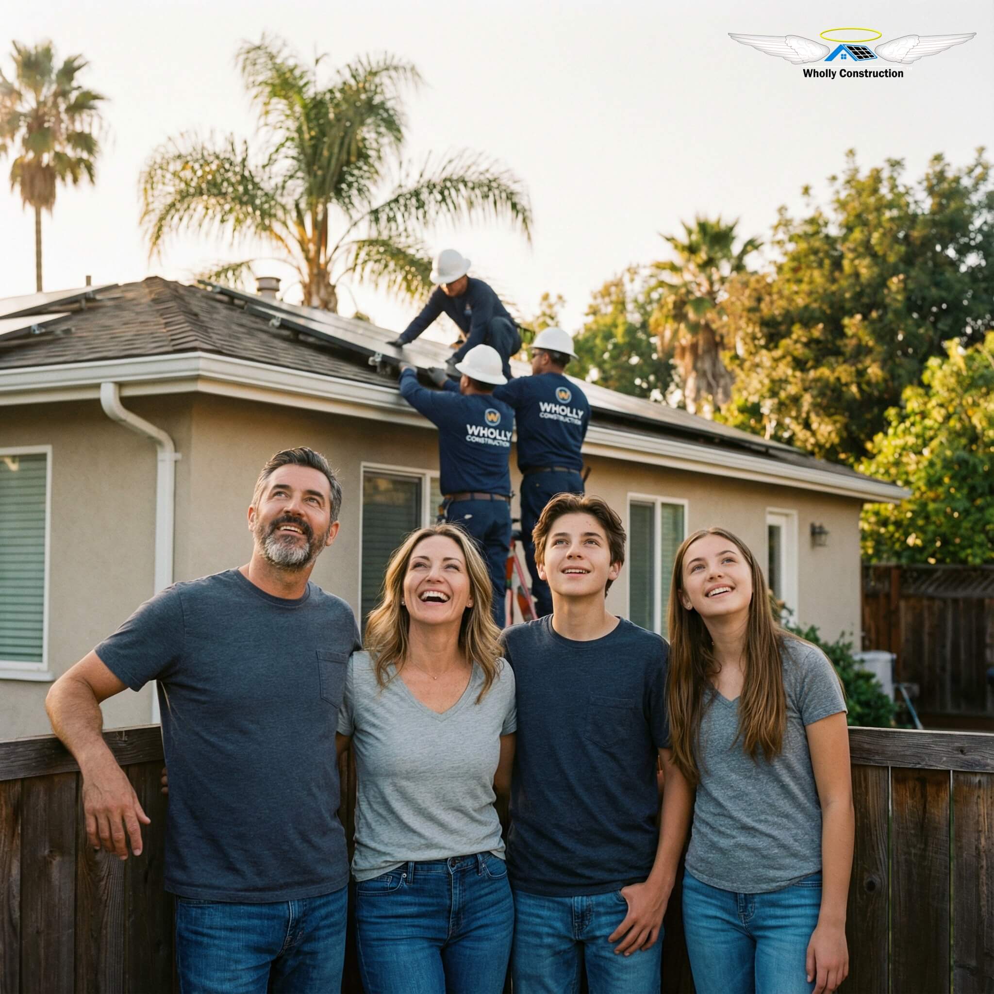 Wholly Construction certified technicians with a homeowner family in front of a home with rooftop solar