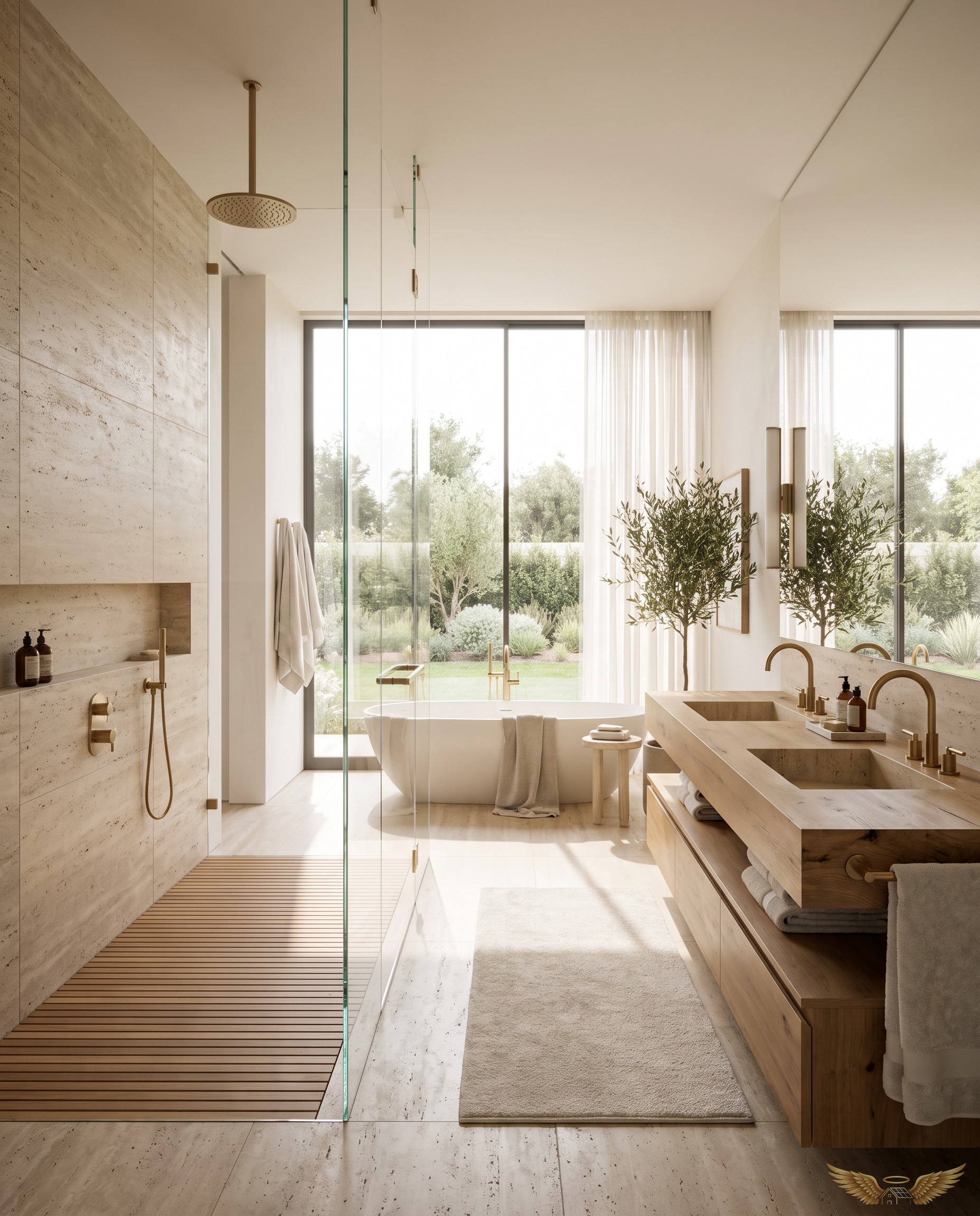 Remodeled luxury bathroom with walk-in rain shower and natural stone