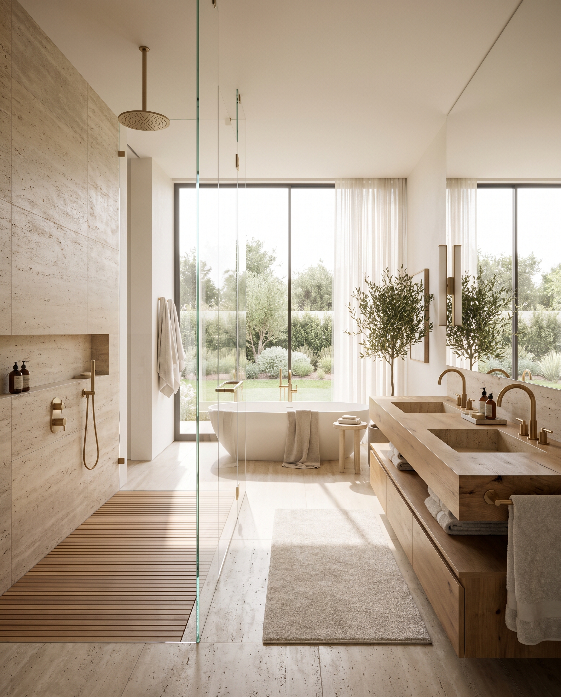 Remodeled luxury bathroom with walk-in rain shower and natural stone