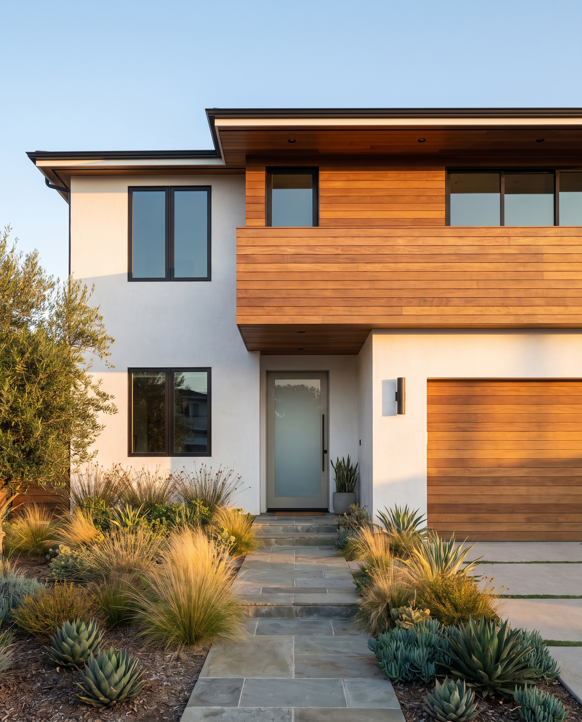 Freshly renovated modern California home exterior at golden hour